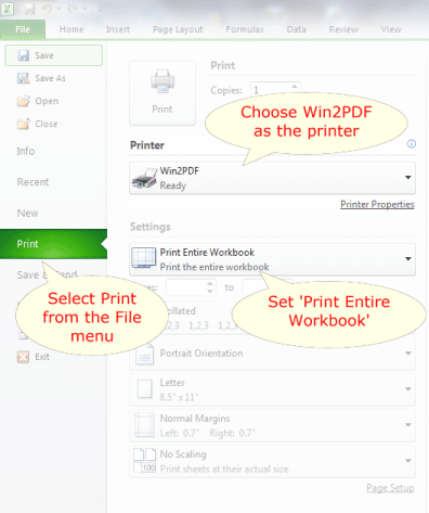 Excel screen for printing to Win2PDF