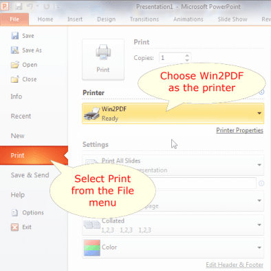 PowerPoint screen for printing to Win2PDF