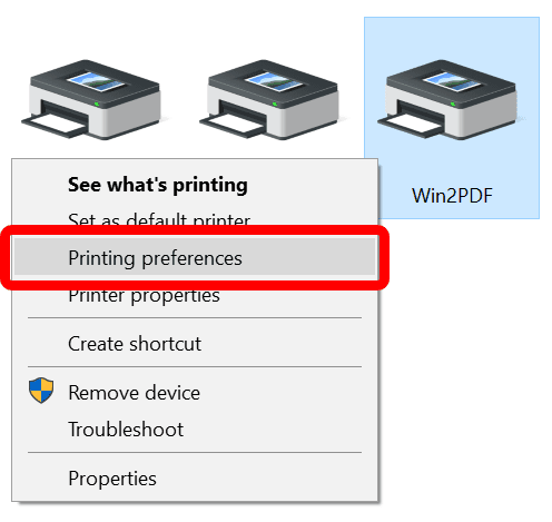 Printing preferences selection after right-clicking on Win2PDF icon