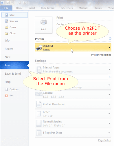 Word screen for printing to Win2PDF